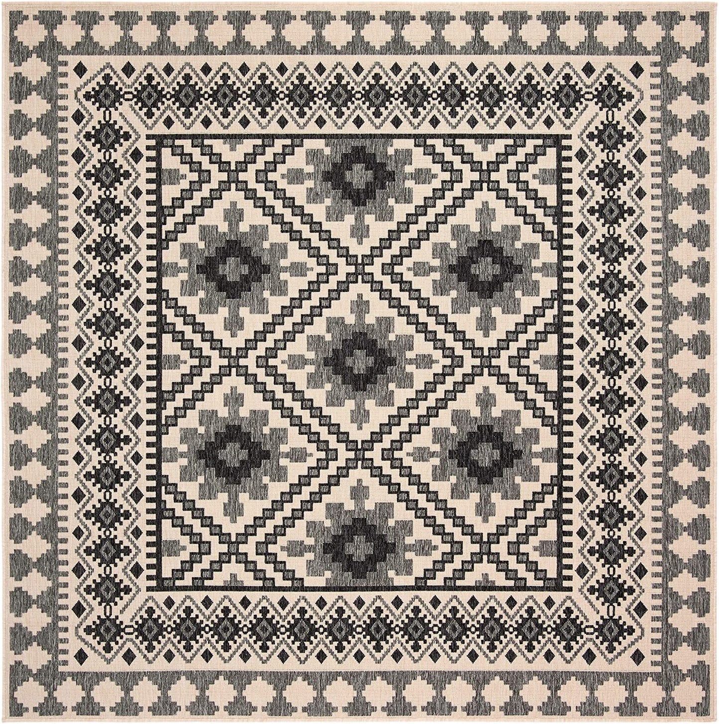 Boho Indoor/ Outdoor Patio Backyard Area Rug, Ivory / Slate