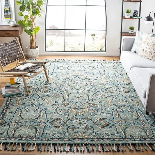 Blossom Collection Handmade Tassel Premium Wool Accent Rug Blue / Ivory