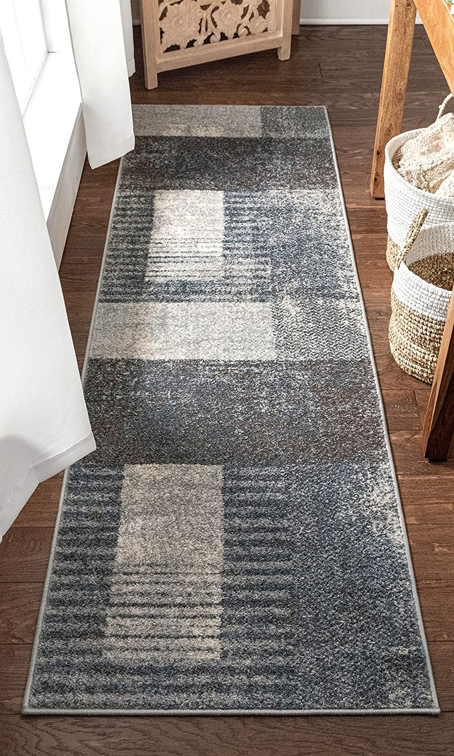 Loket Grey Modern Geometric Boxes & Stripes Pattern Area Rug