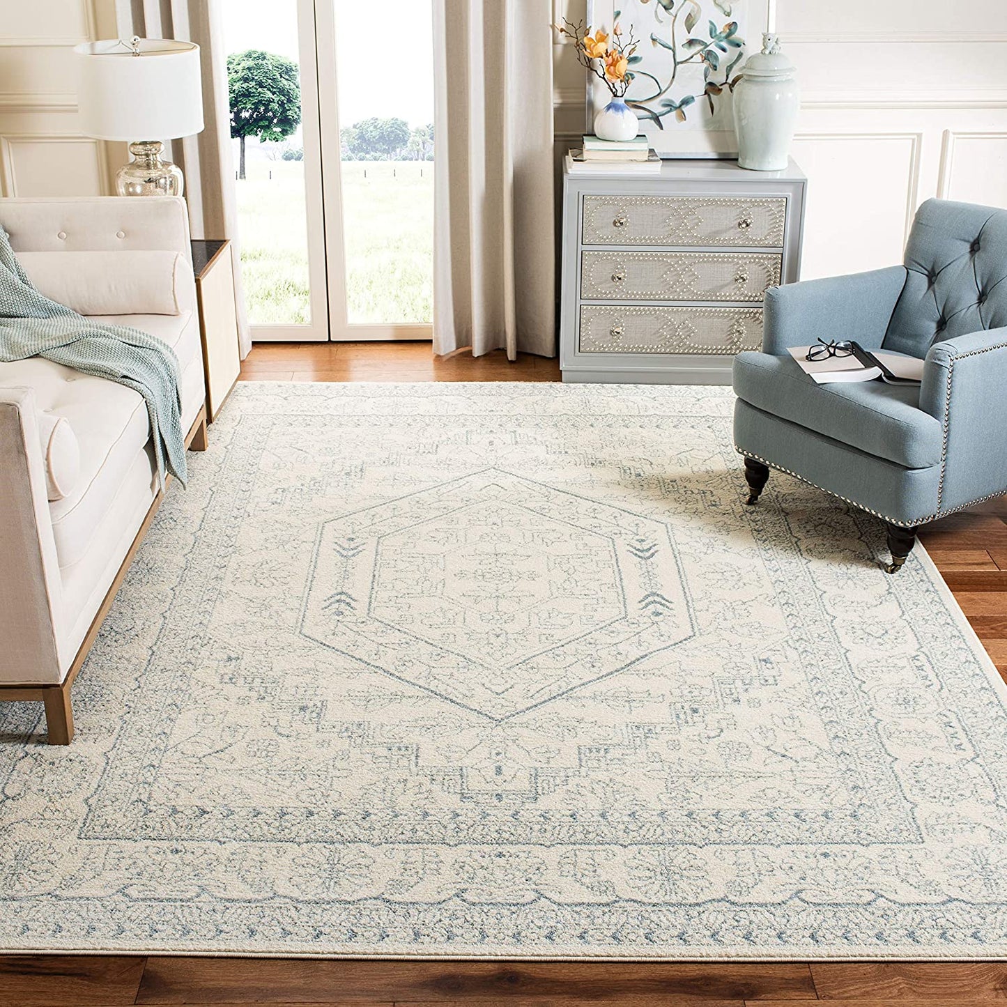Oriental Vintage Distressed Medallion Ivory/Slate Soft Area Rug