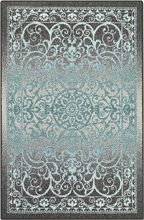 Pelham 2-Piece Non Slip Machine Washable Traditional Vintage Throw and Runner Floor Carpet, 17"x24" + 17"x48", Blue/Grey