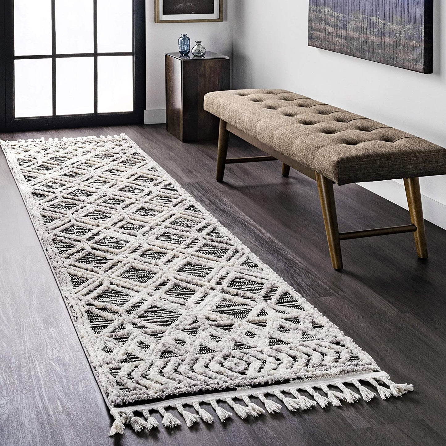 Ansley Soft Lattice Textured Tassel Runner Rug Grey