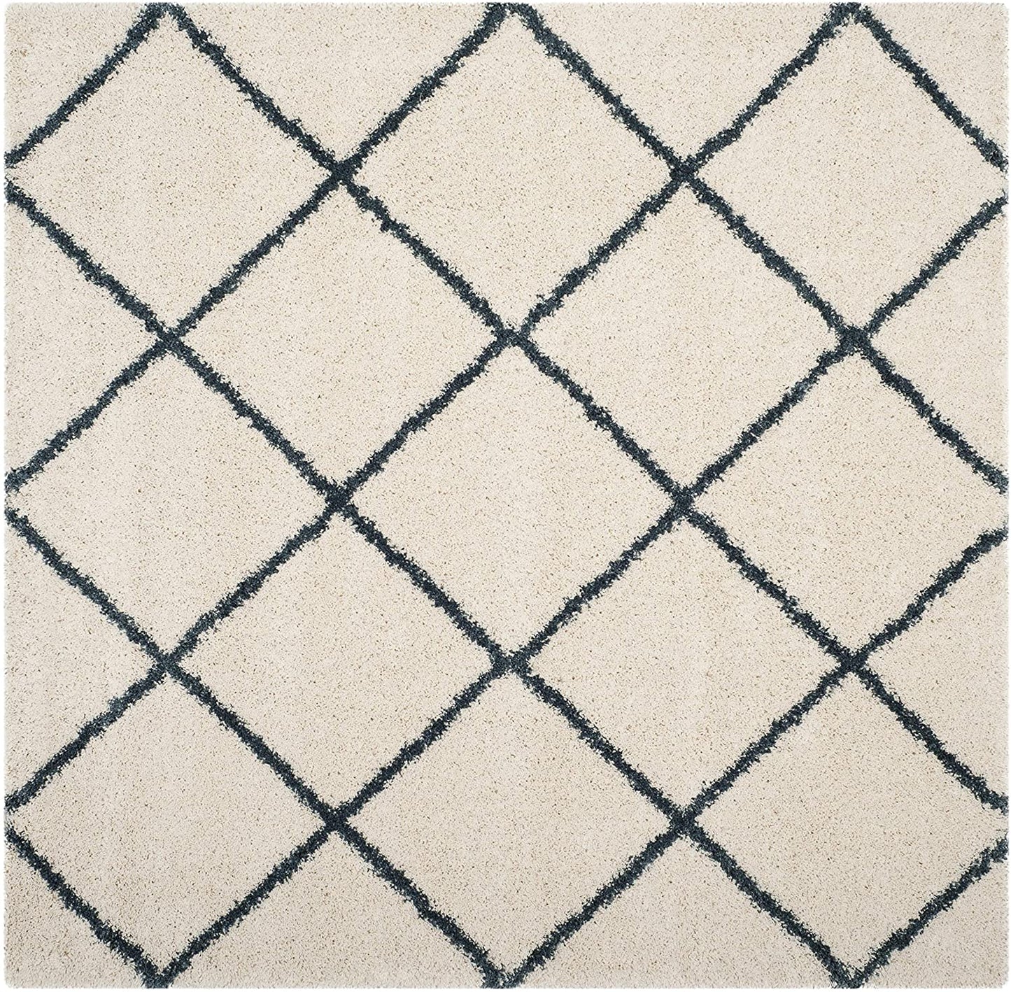 Diamond Trellis Ivory/Slate Blue Soft Plush Shag Area Rug 2-inch Thick