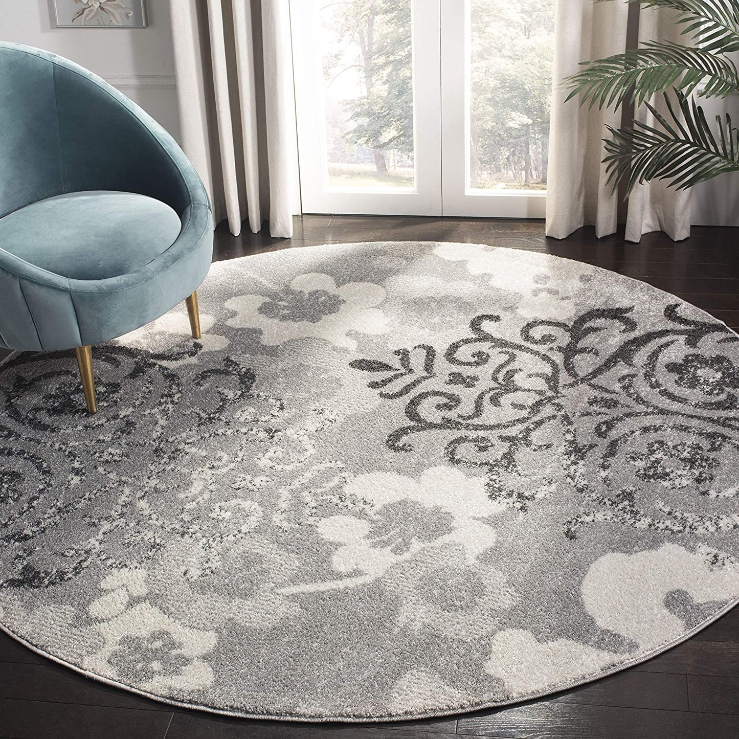 Silver and Ivory Contemporary Chic Damask Soft Area Rug
