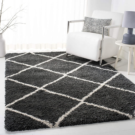 Diamond Trellis Dark Grey/Ivory Soft Plush Shag Area Rug 2-inch Thick