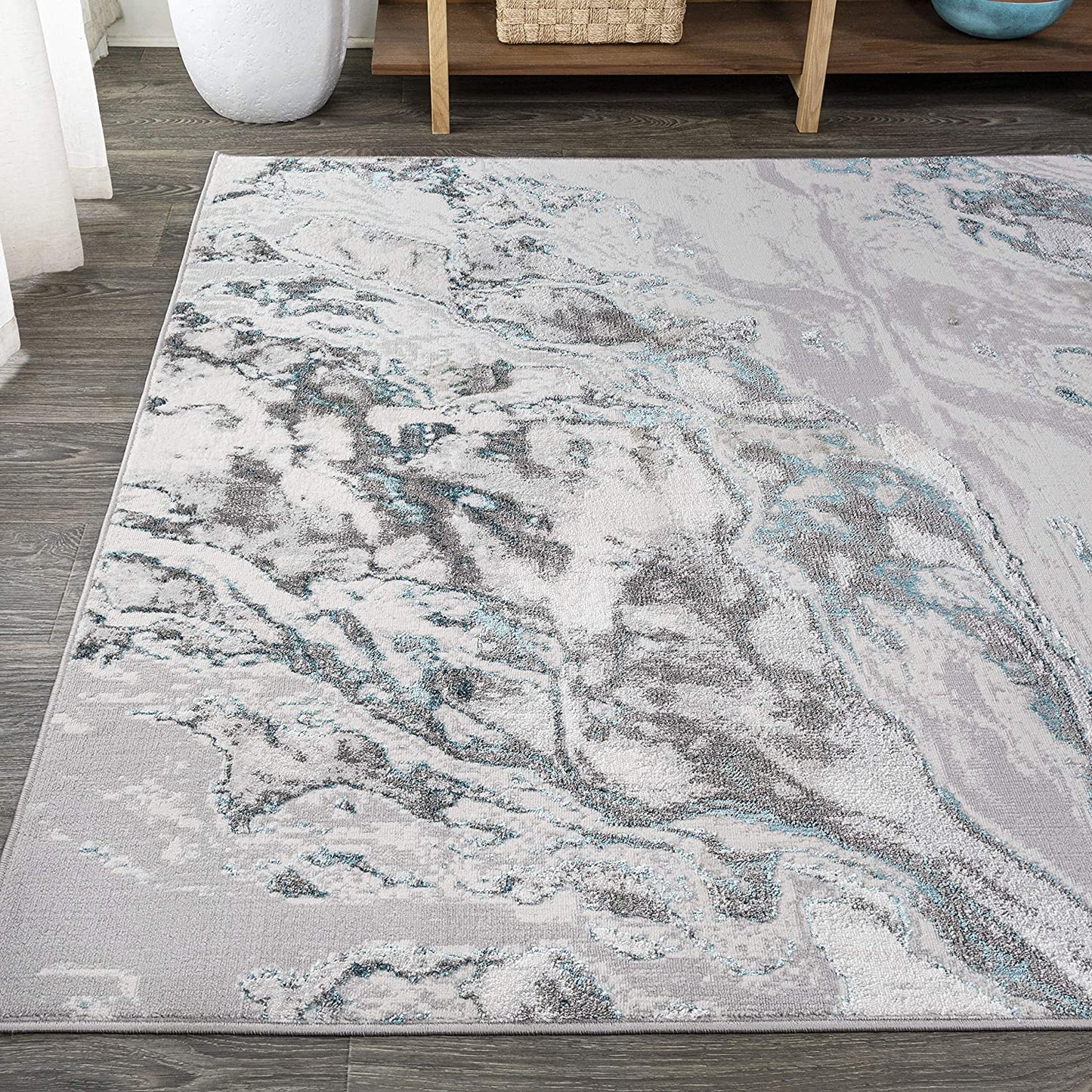 Swirl Marbled Abstract Gray/Turquoise Soft Rug