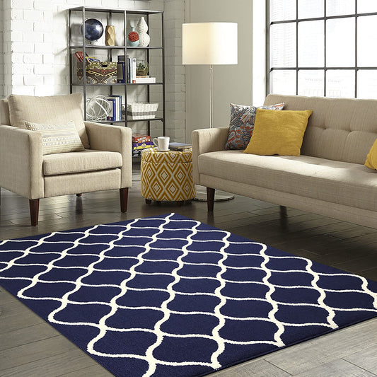 Maples Rugs Rebecca Contemporary Runner Rug Non Slip Navy Blue/White