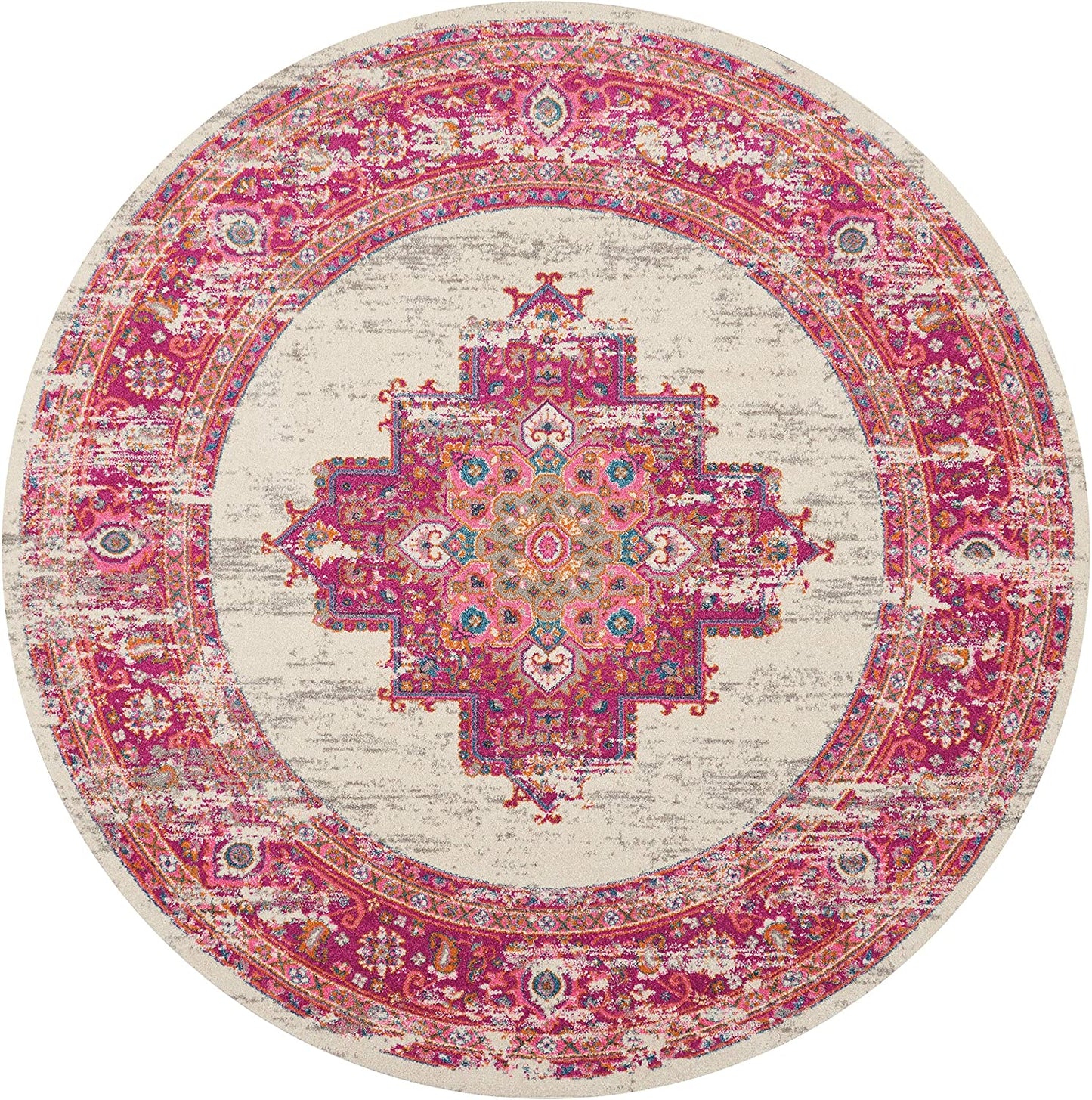 Pink and White Vintage Area Rug, IVORY/FUSHIA