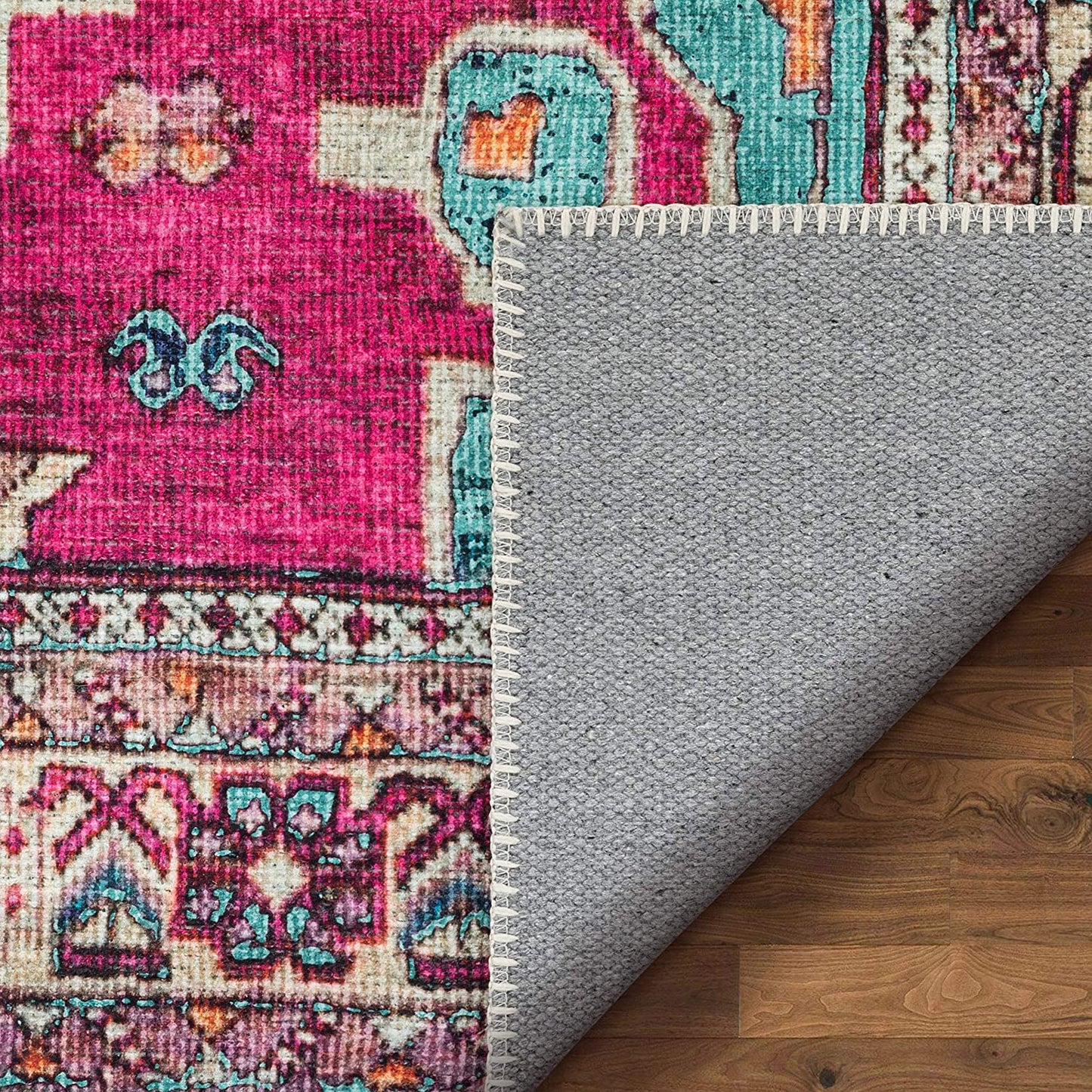 Shasta Blue Fuchsia Machine Washable Vintage Distressed Persian Area Rug