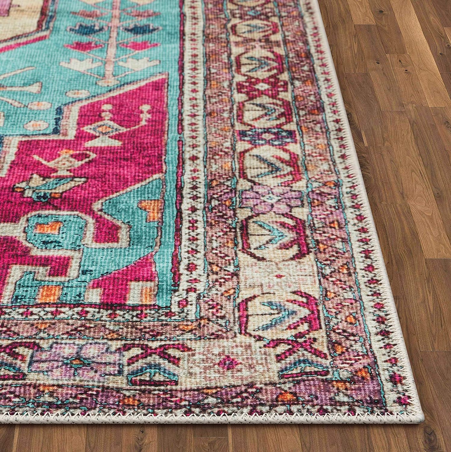 Shasta Blue Fuchsia Machine Washable Vintage Distressed Persian Area Rug