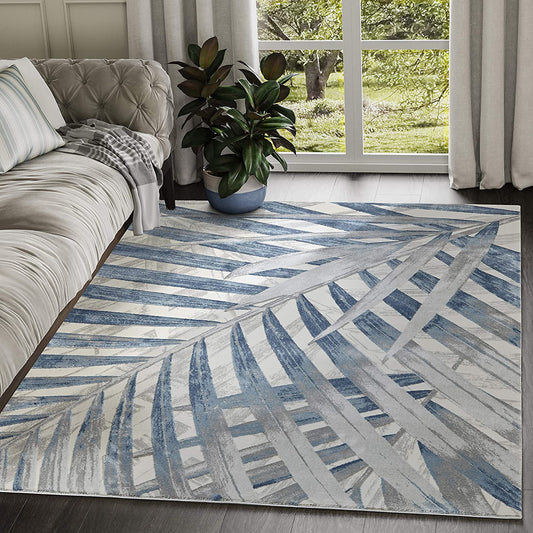 Blue Grey & Beige Floral Palm Leaf Pattern Modern Eclectic Rug