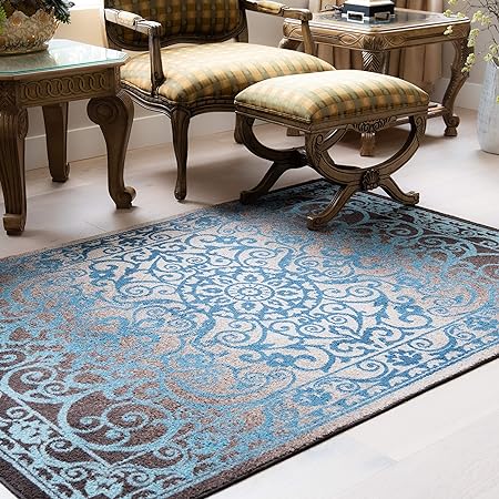 Pelham 2-Piece Non Slip Machine Washable Traditional Vintage Throw and Runner Floor Carpet, 17"x24" + 17"x48", Blue/Grey