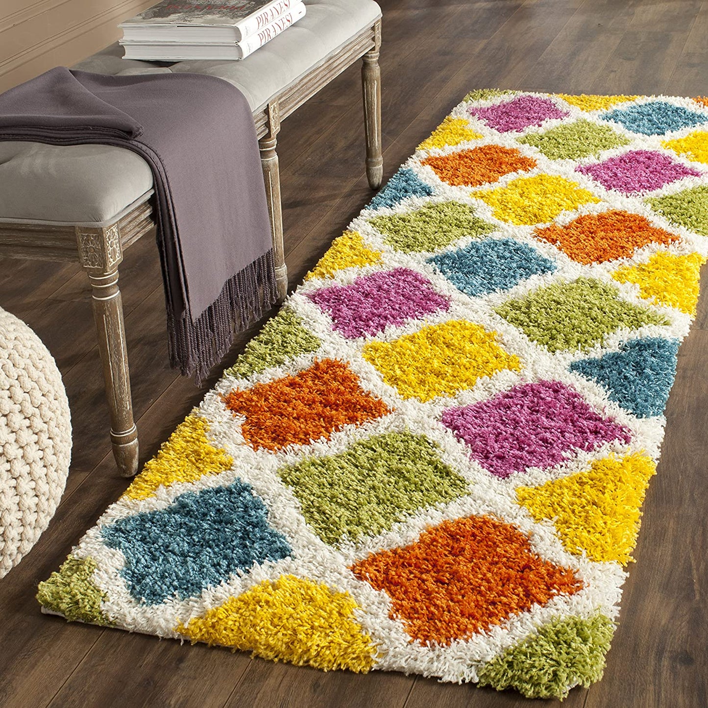 Kids Shag Collection Rainbow Trellis Plush 2-inch Thick Area Rug Ivory / Multi