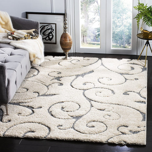 Premium Swirl Thick Plush Cream/Dark Blue   Area Shag Rug