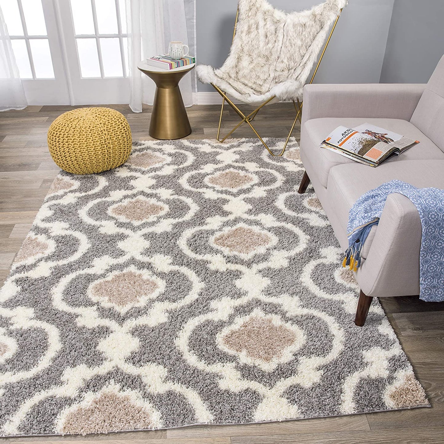 Trellis Gray/Grey Cream Shag Area Rug