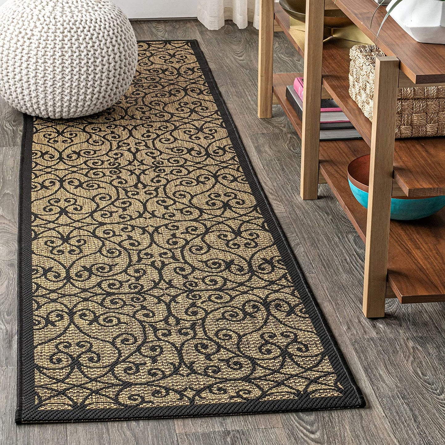 Madrid Vintage Filigree Textured Weave Indoor/Outdoor Black/Khaki Area Rug