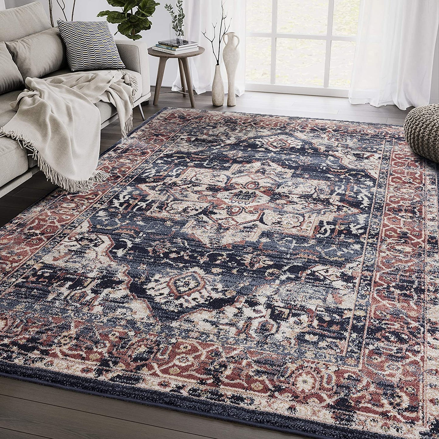Navy & Beige Vintage Turkish Oriental Medallion Distressed Rug