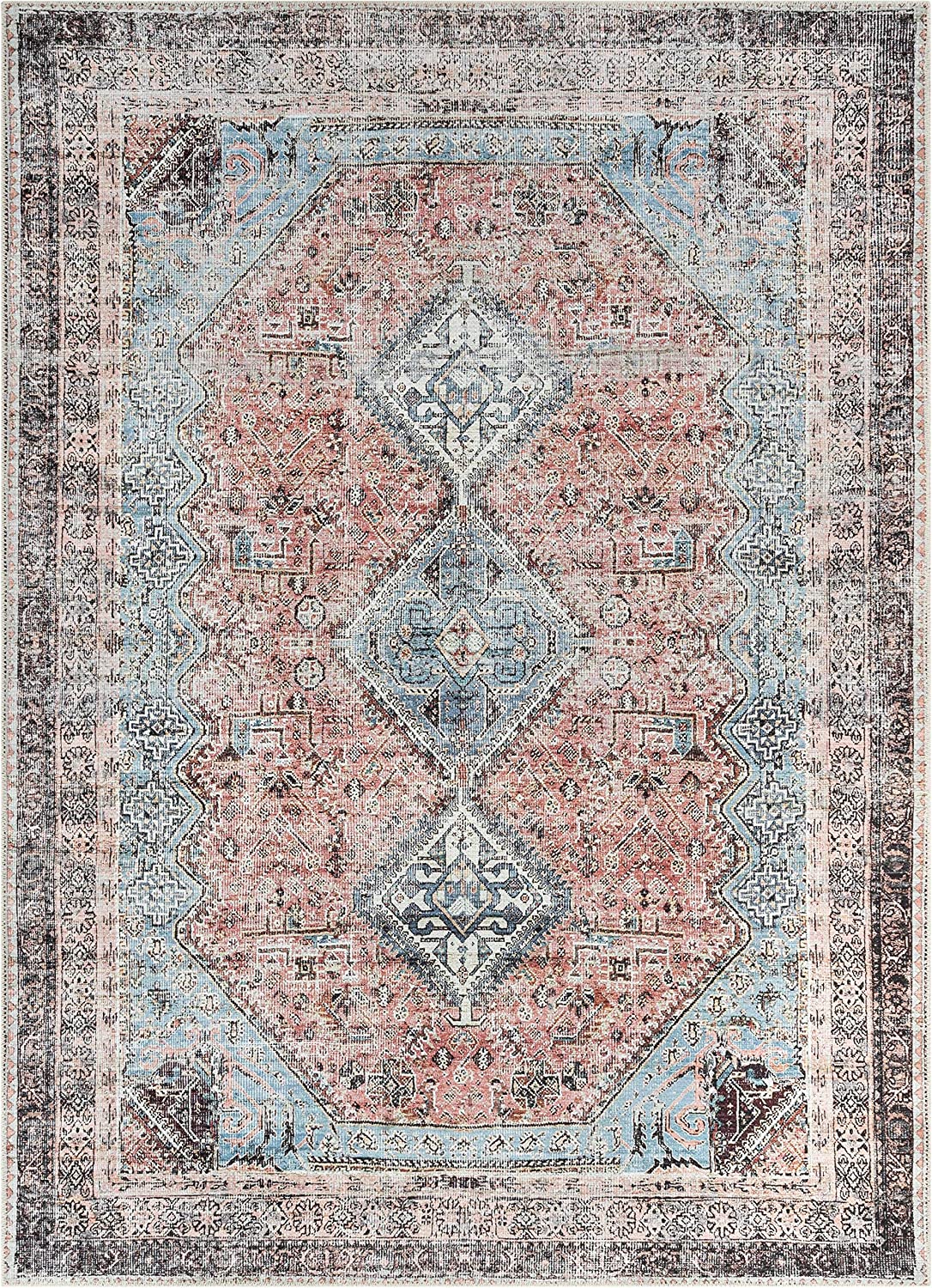 Light Blue Machine Washable Distressed Vintage Soft Area Rug