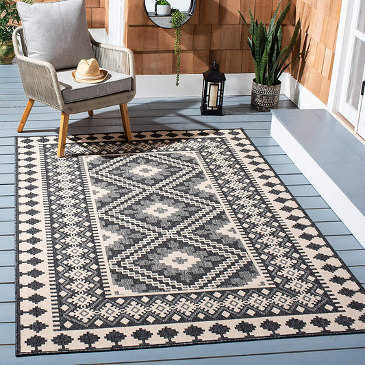Boho Indoor/ Outdoor Patio Backyard Area Rug, Ivory / Grey