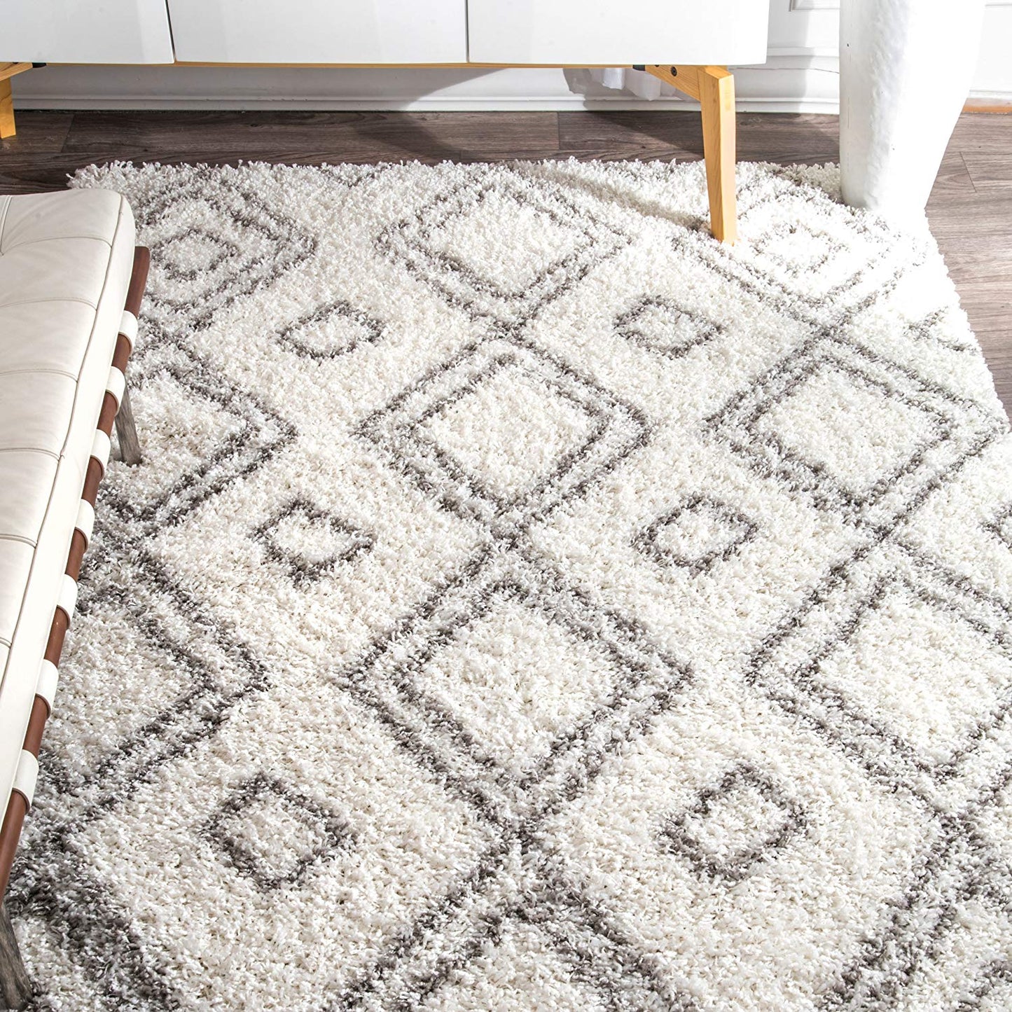 Premium White Grey Trellis Soft Plush Shag Area Rug