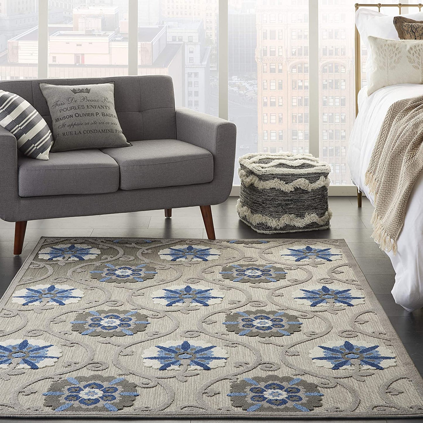 Aloha Indoor Outdoor Floral Grey Blue Soft Area Rug