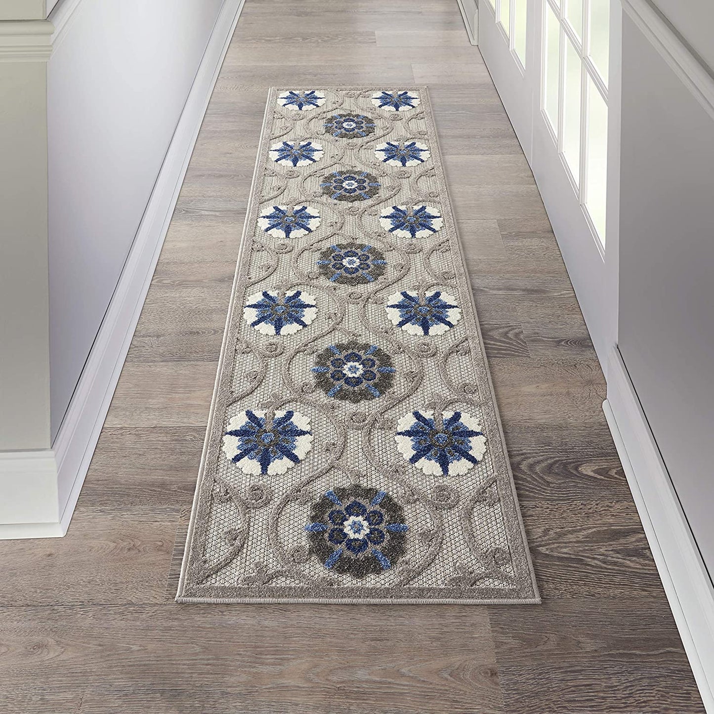 Aloha Indoor Outdoor Floral Grey Blue Soft Area Rug