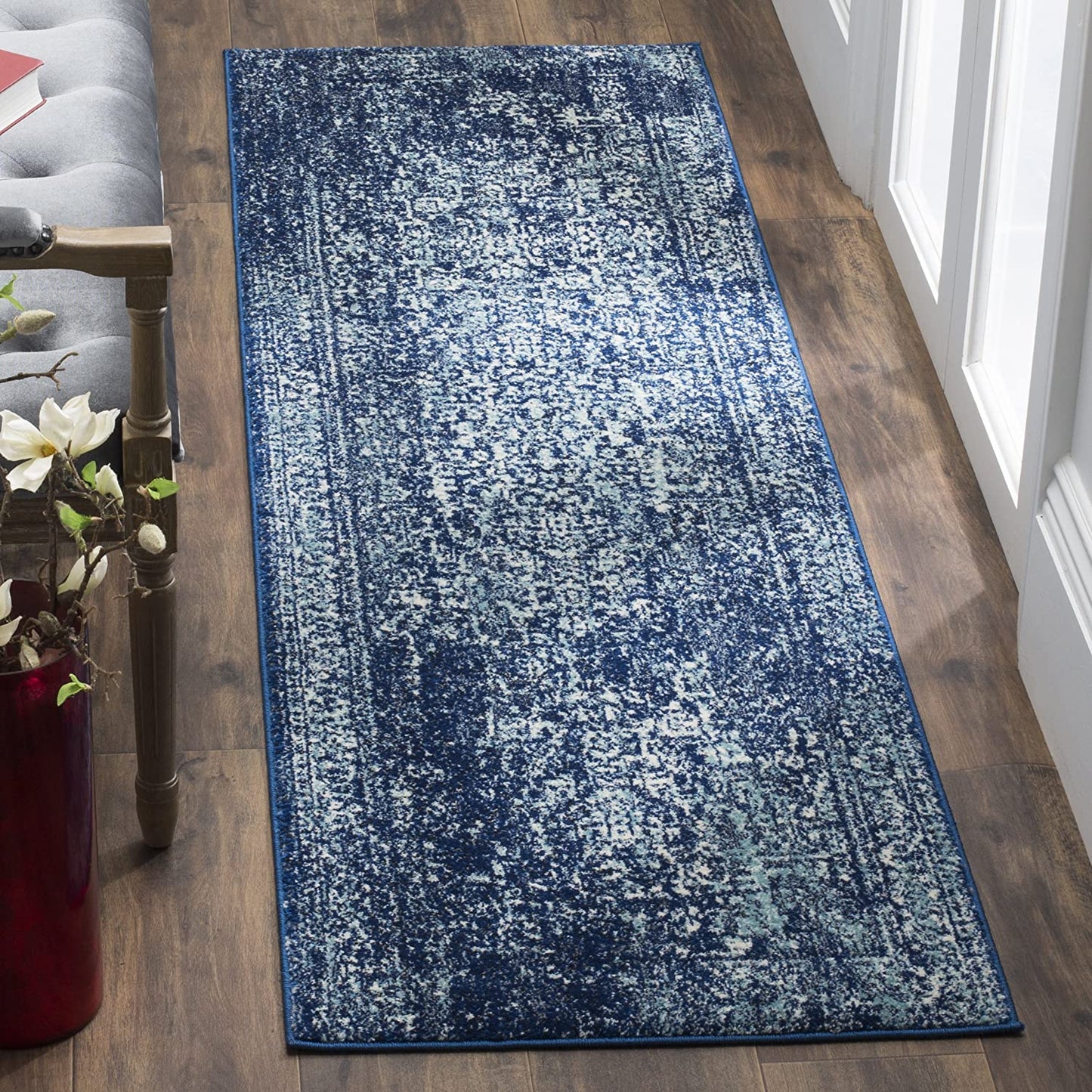 Vintage Distressed Navy and Ivory Area Rug