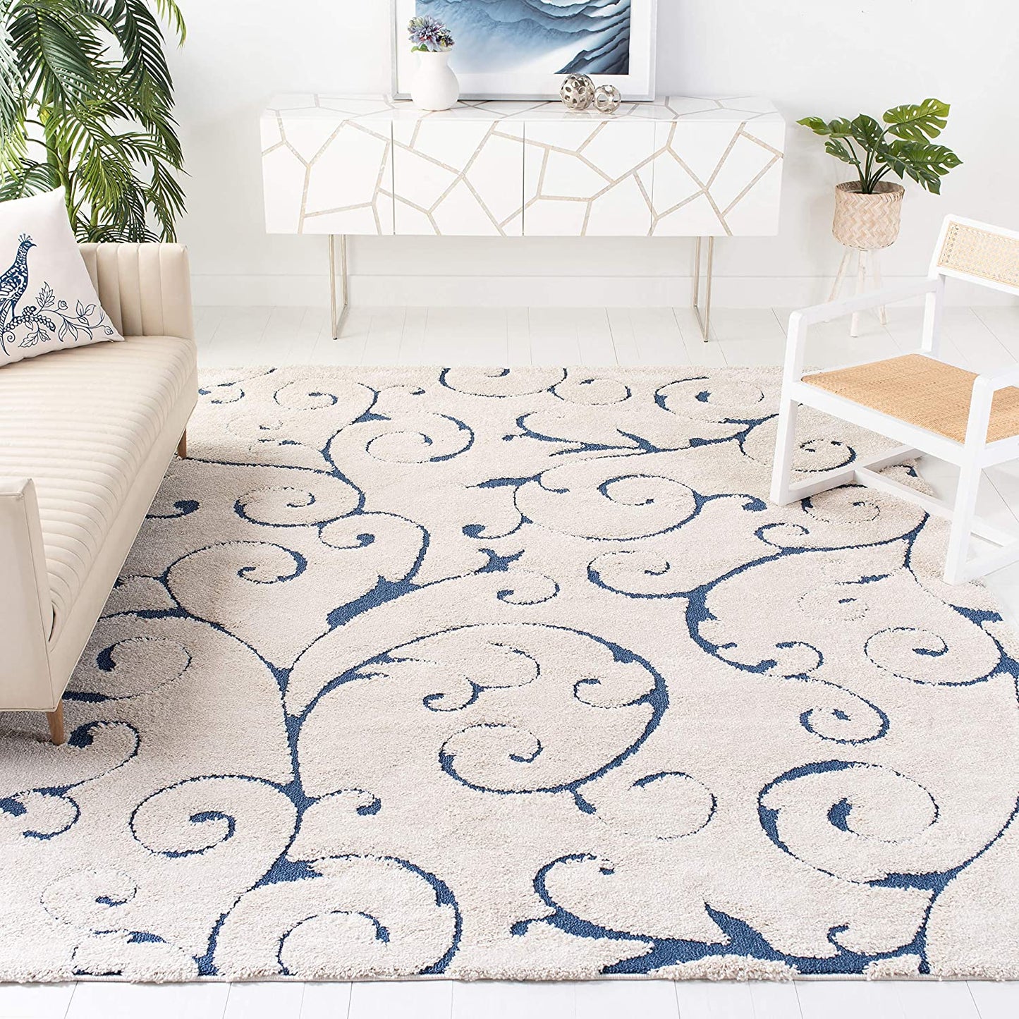 Premium Swirl Thick Plush Cream/Blue Area Shag Rug