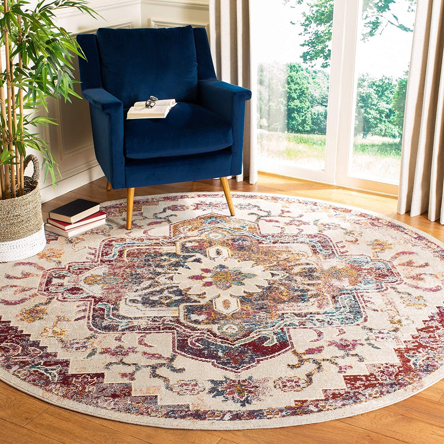 Oriental Medallion Distressed Area Rug, Light Blue / Burgundy