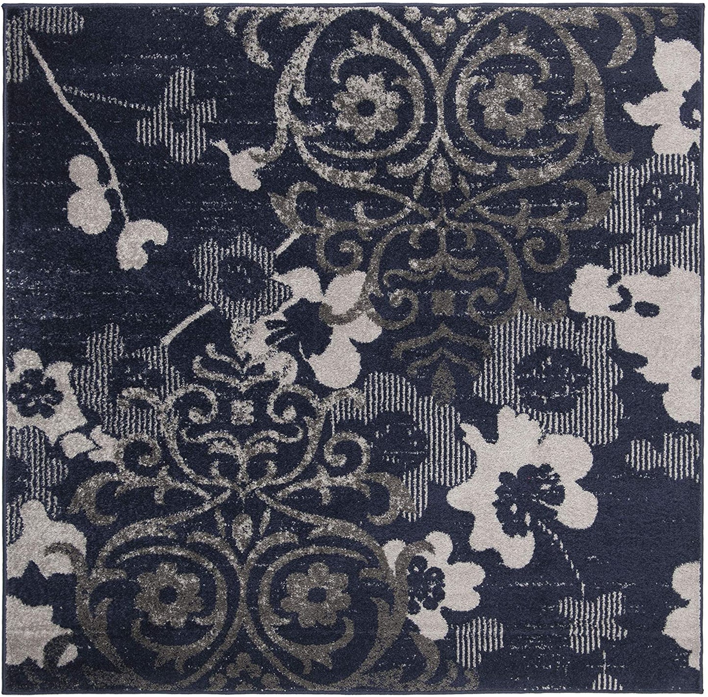 Navy Blue Silver Contemporary Chic Damask Soft Area Rug