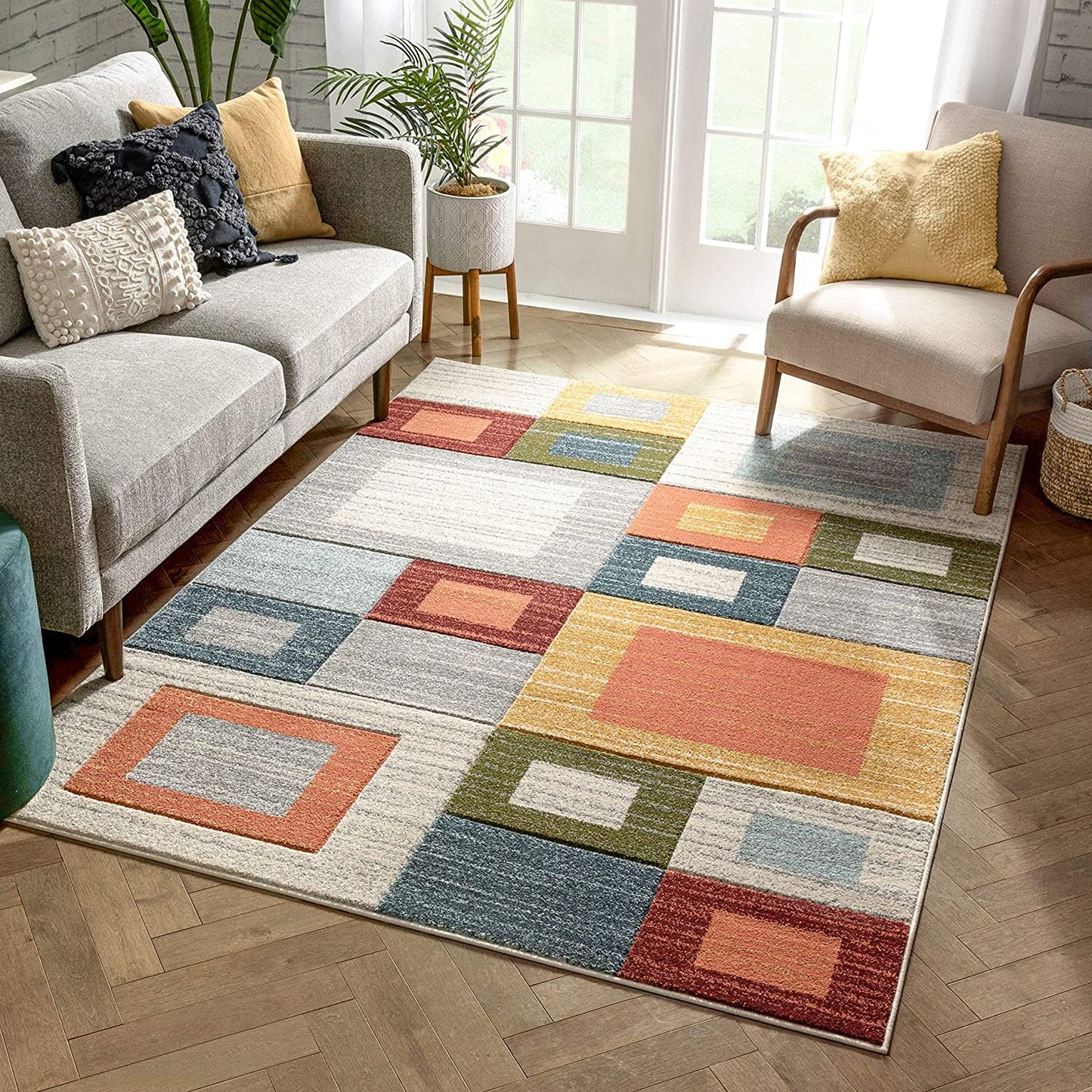 Multi Modern Geometric Boxes Pattern Area Rug