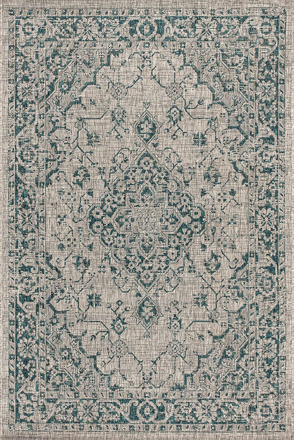 Rozetta Boho Medallion Textured Weave Indoor/Outdoor Gray/Teal Area Rug