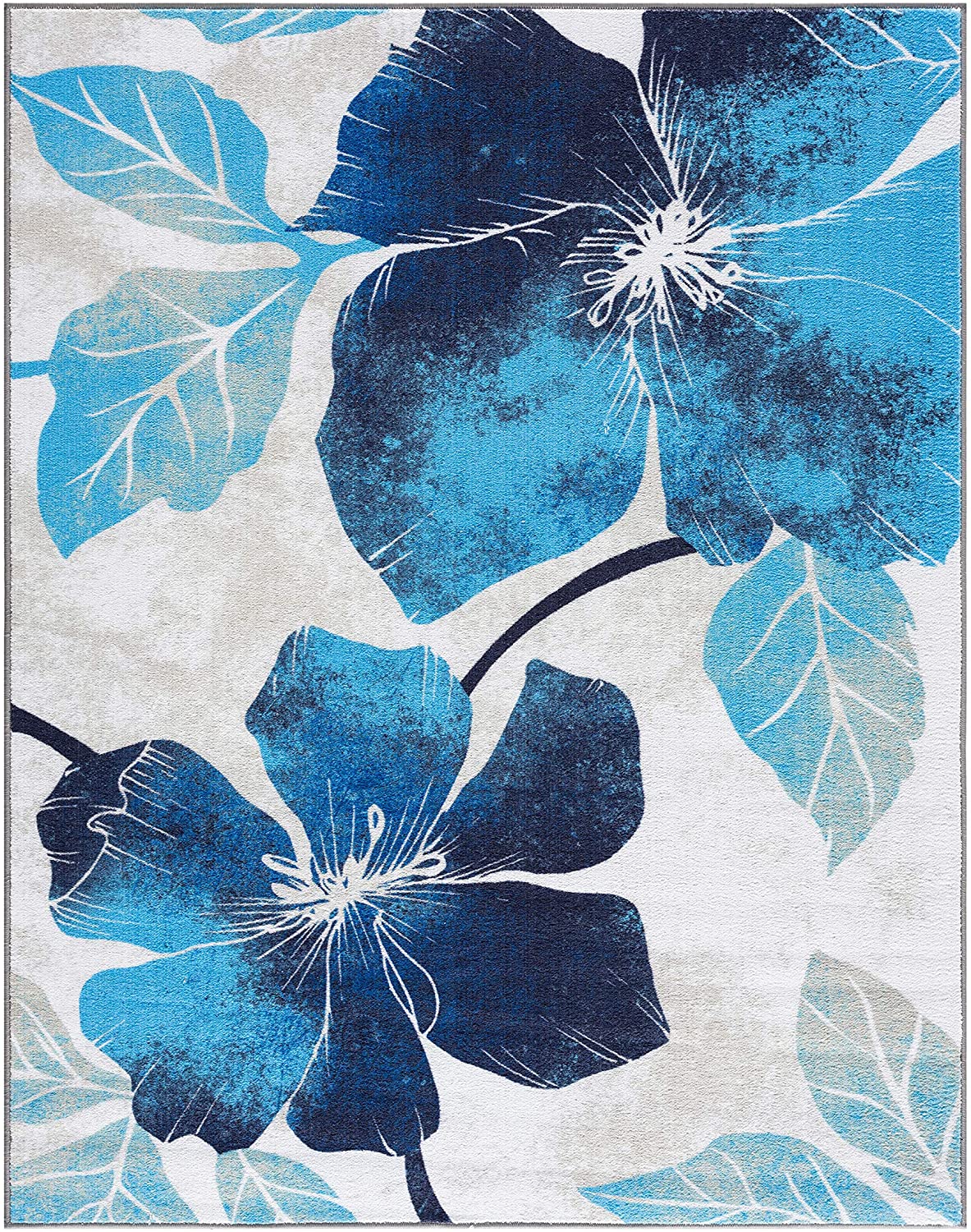 Modern Floral Blue Grey Non Slip Large Flower Area Rug