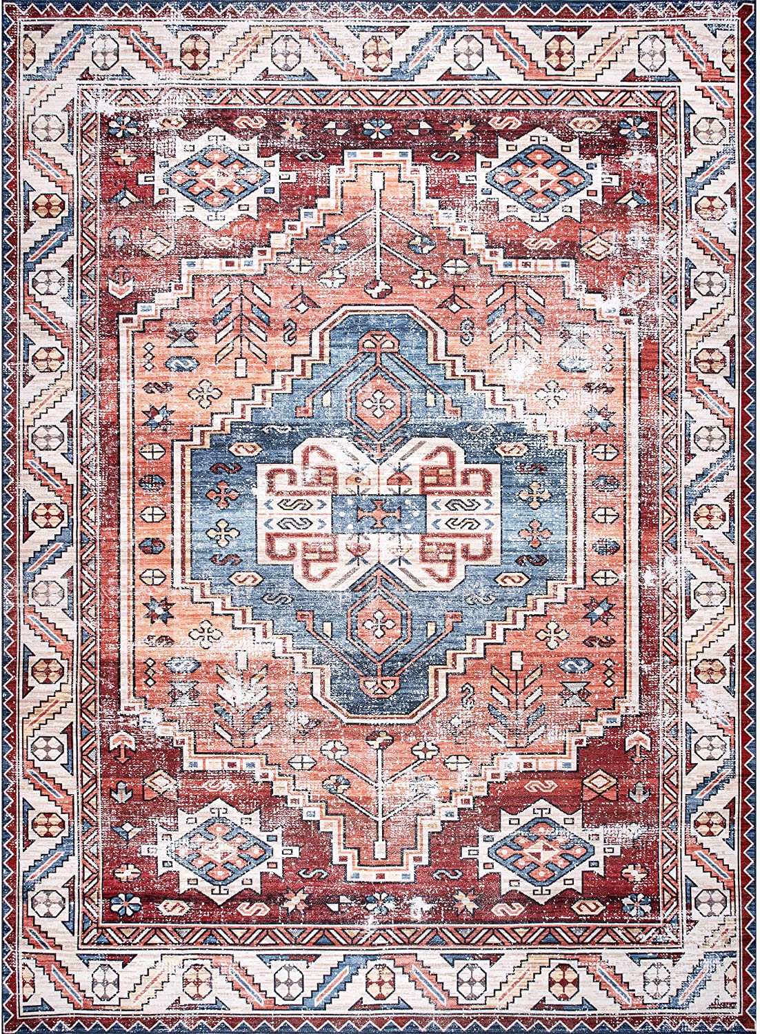 Marli Machine Washable Faded Medallion Area Rug, Rust