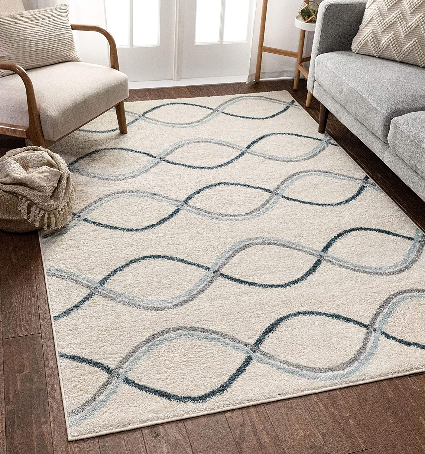 Stripes Solid Geometric Ivory Blue Grey Area Rug