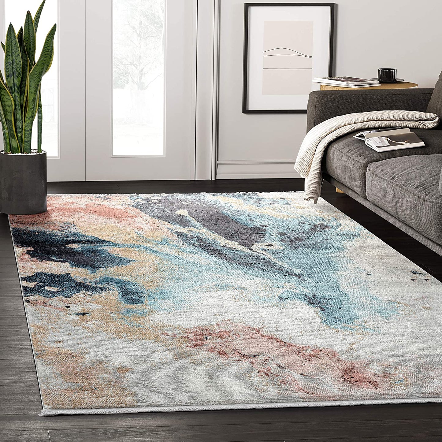Orange, Blue & Cream Watercolor Design Area Rug, Azure Collection Contemporary