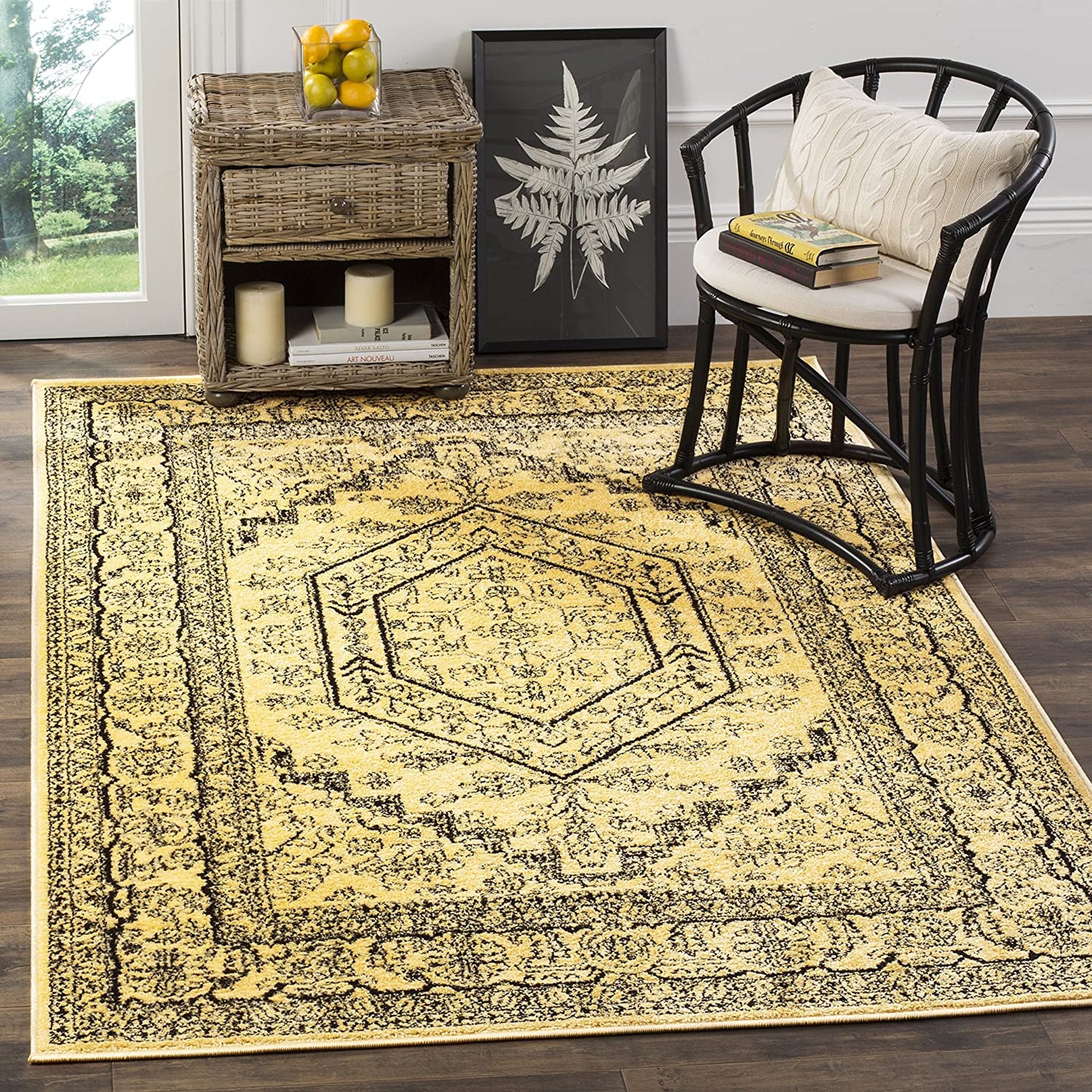 Oriental Vintage Distressed Medallion Gold/Black Soft Area Rug