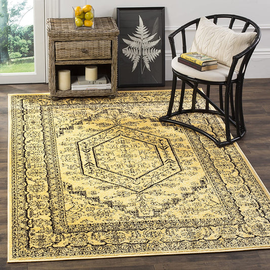 Oriental Vintage Distressed Medallion Gold/Black Soft Area Rug