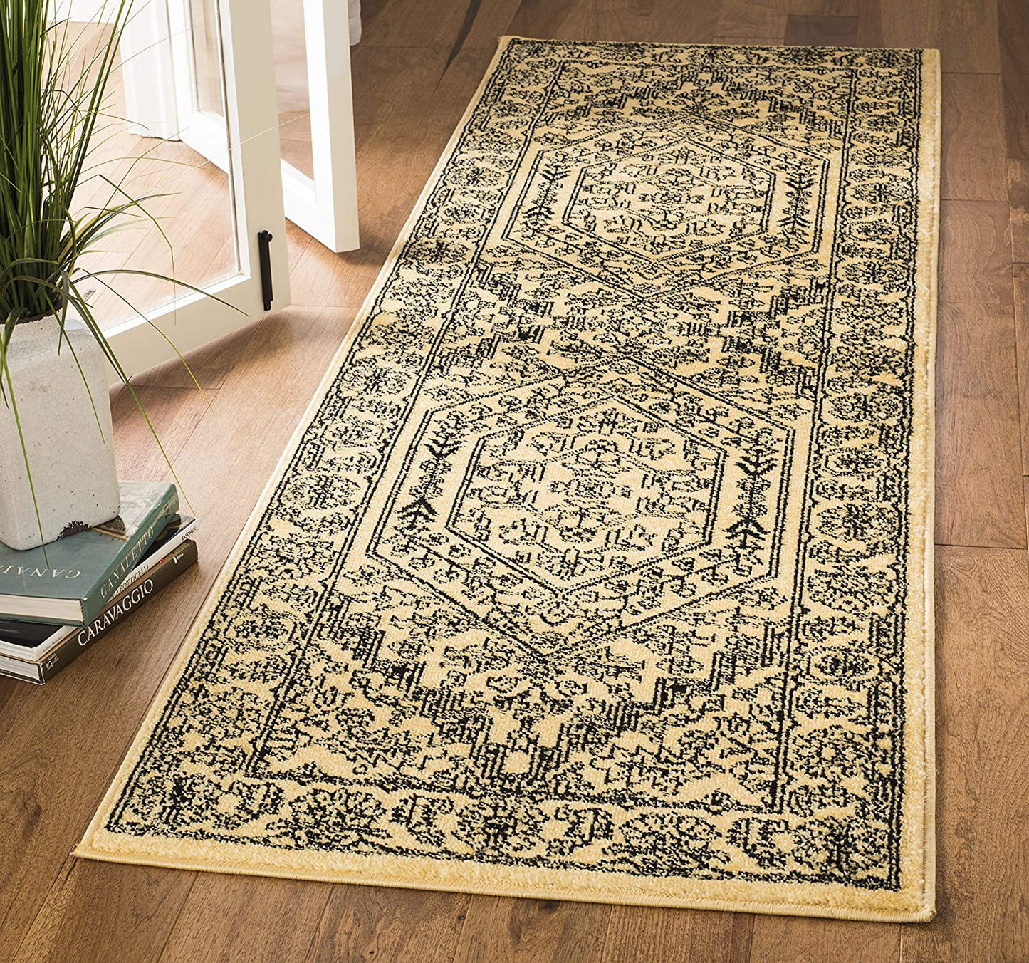Oriental Vintage Distressed Medallion Gold/Black Soft Area Rug