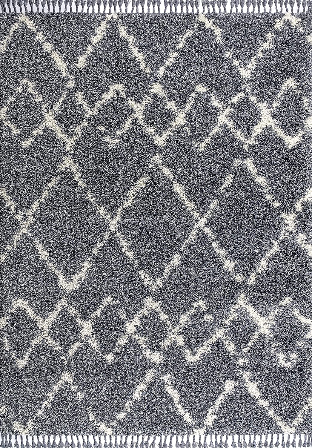 Mercer Plush Tassel Moroccan Tribal Geometric Trellis Denim Blue/Cream Shag Area Rug