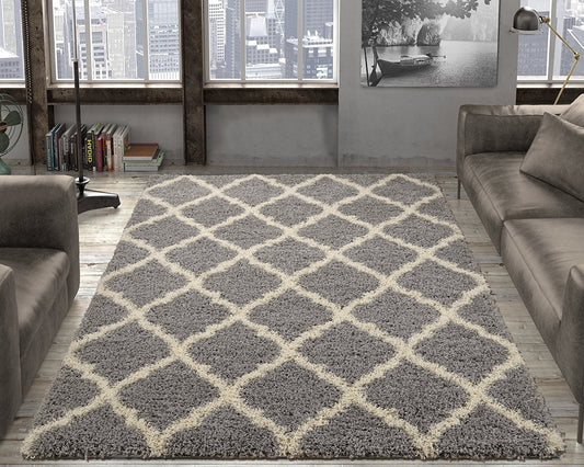 Gray Soft White Shag Trellis Area Rugs