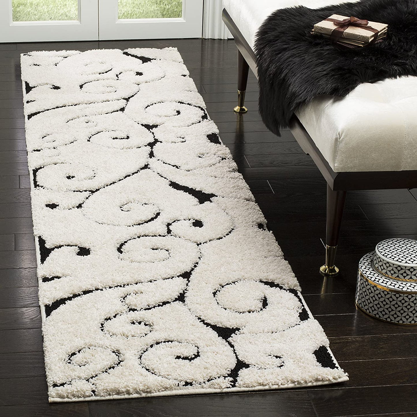 Premium Swirl Thick Plush  Ivory/Black Area Shag Rug