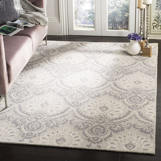 Damask Handmade Premium Wool Area Rug, Light Grey / Ivory