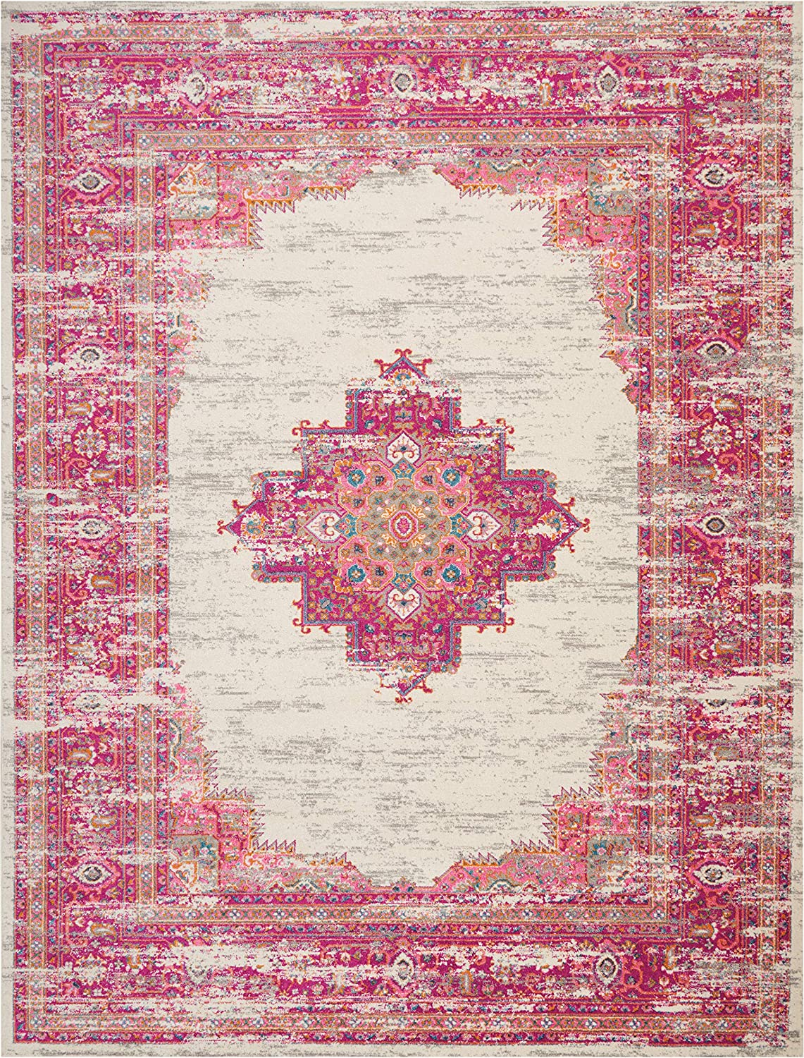 Pink and White Vintage Area Rug, IVORY/FUSHIA