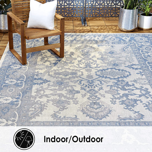 Floral Blue Grey Indoor/Outdoor Area Rug - UV/Weather Resistant