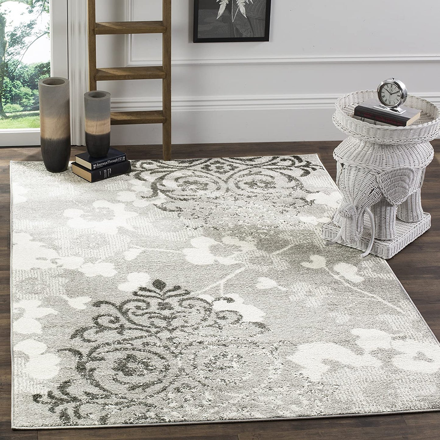 Silver and Ivory Contemporary Chic Damask Soft Area Rug