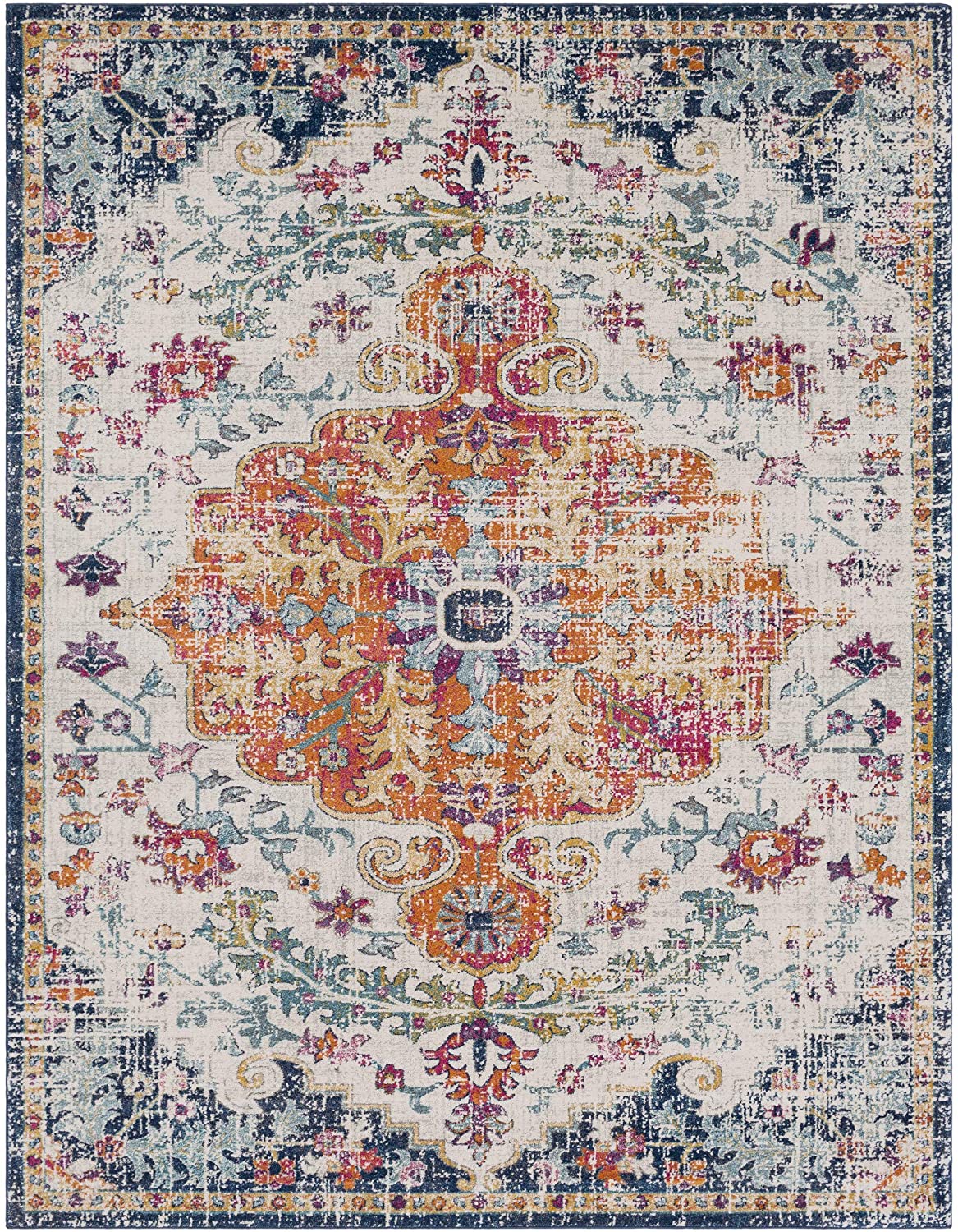 Traditional Medallion Orange/Navy Soft Area Rug