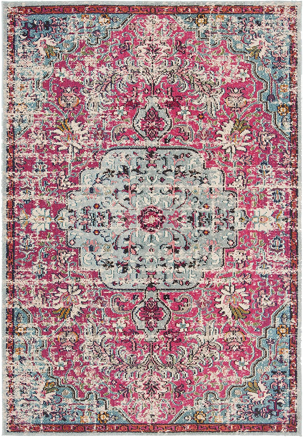 Boho Chic Vintage Medallion Distressed Runner,  Fuchsia/Teal