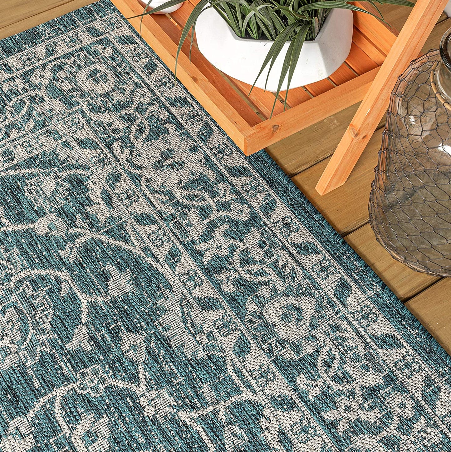 Palazzo Vine and Border Textured Weave Indoor/Outdoor Teal/Gray