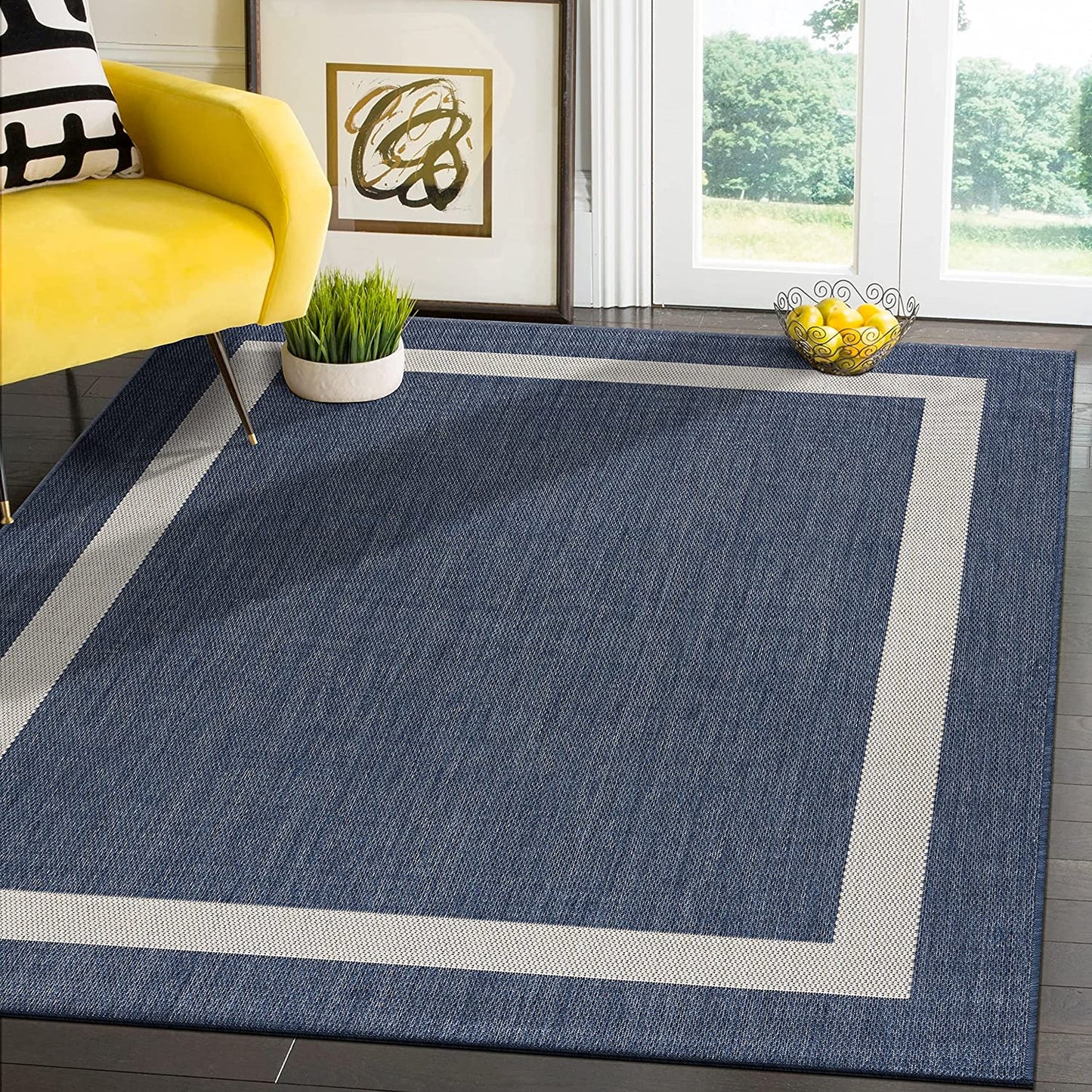 Modern Area Rugs for Indoor/ Outdoor Bordered - Blue / White